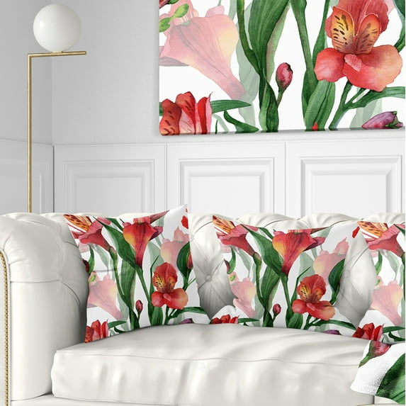 Designart Red Floral Pattern Art - Floral Throw Pillow - 16x16