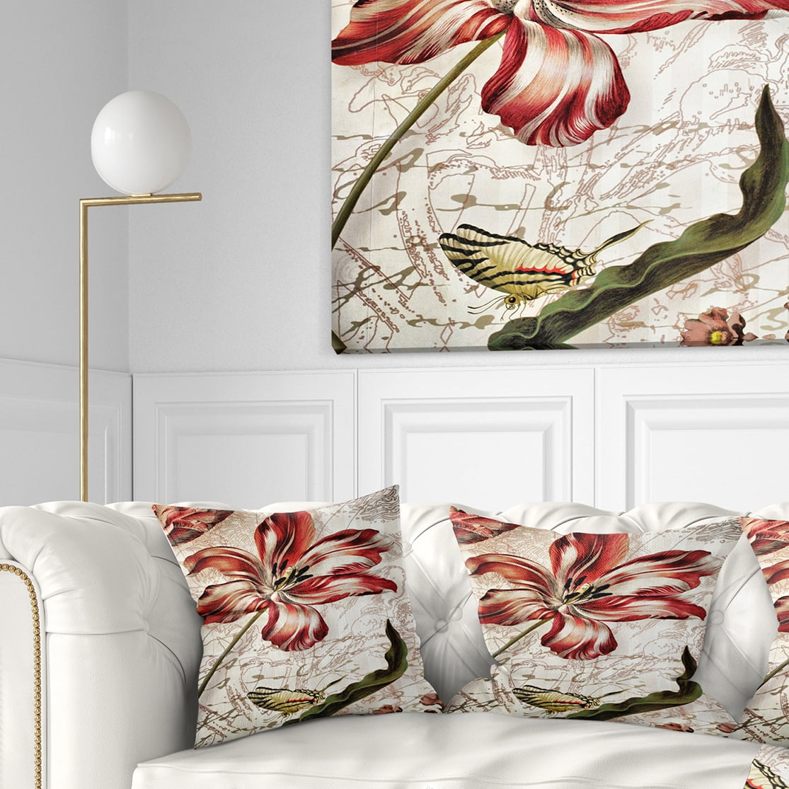 Designart Red Floral Pattern with Butterfly - Floral Throw Pillow - 16x16