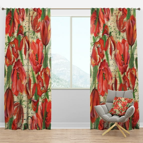 Designart 'Red Flower With Seamless Pattern' Floral Blackout Curtain Panel
