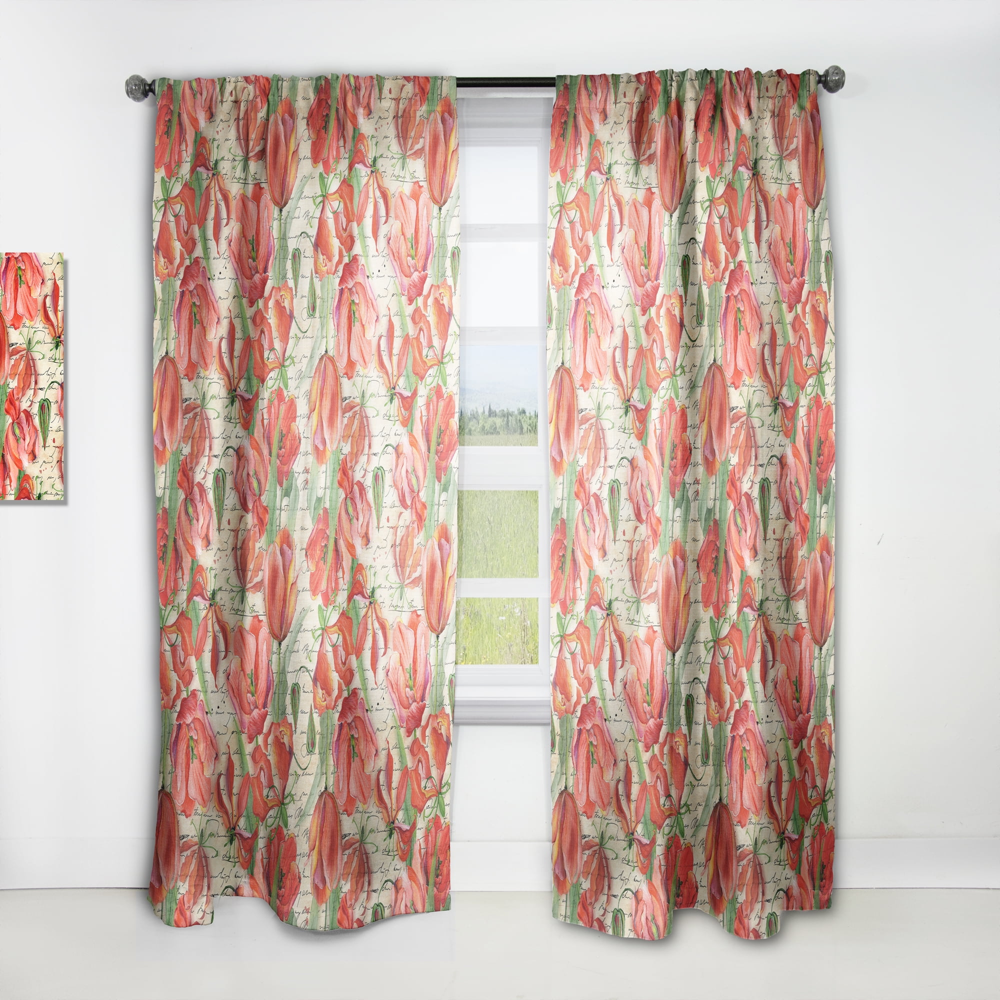 Designart 'Red Flower With Seamless Pattern' Floral Curtain Panel