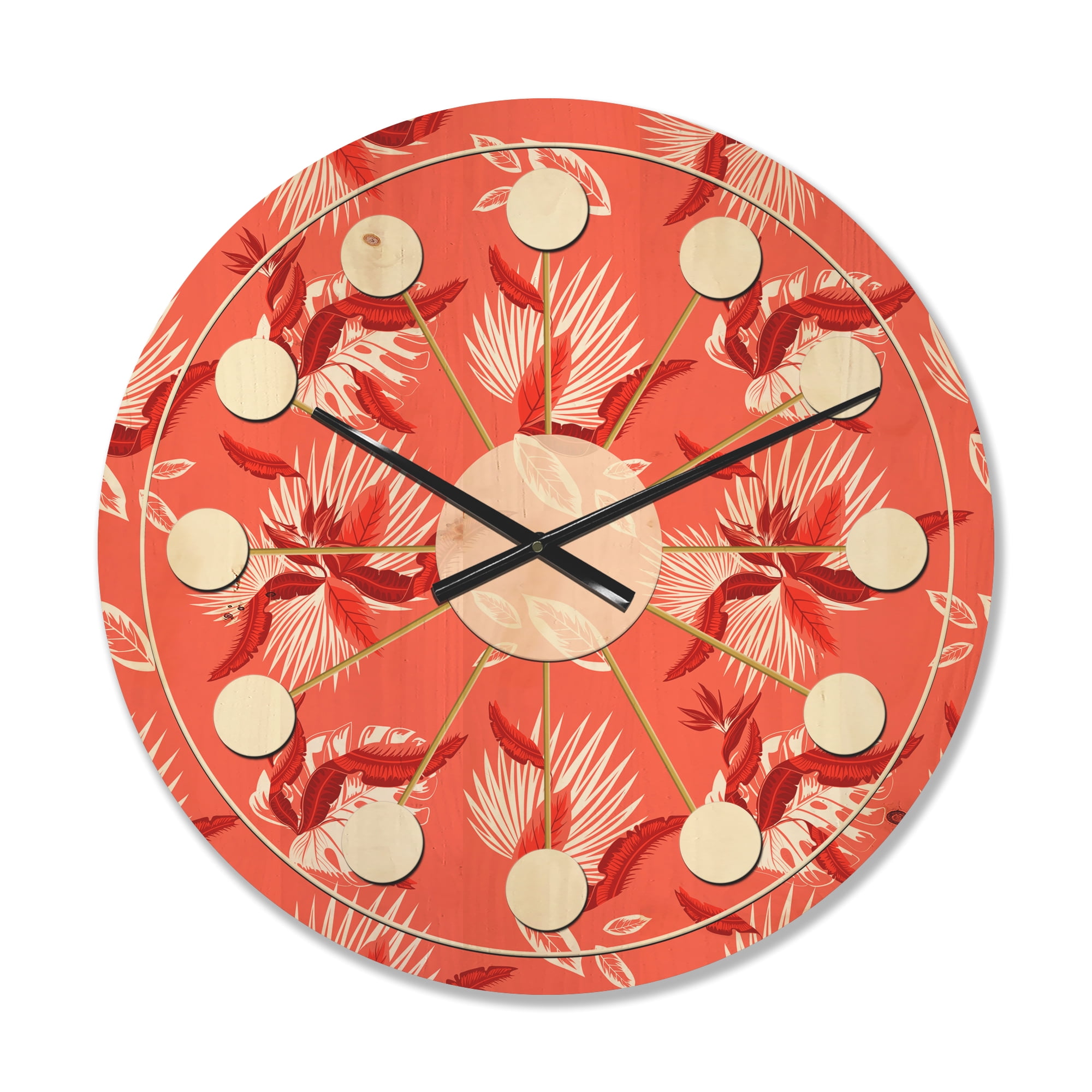 Designart 'Red Flowers Of Bird Of Paradise ' Mid-Century Modern Wood Wall Clock