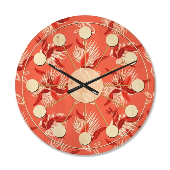 Designart 'Red Flowers Of Bird Of Paradise ' Mid-Century Modern Wood Wall Clock