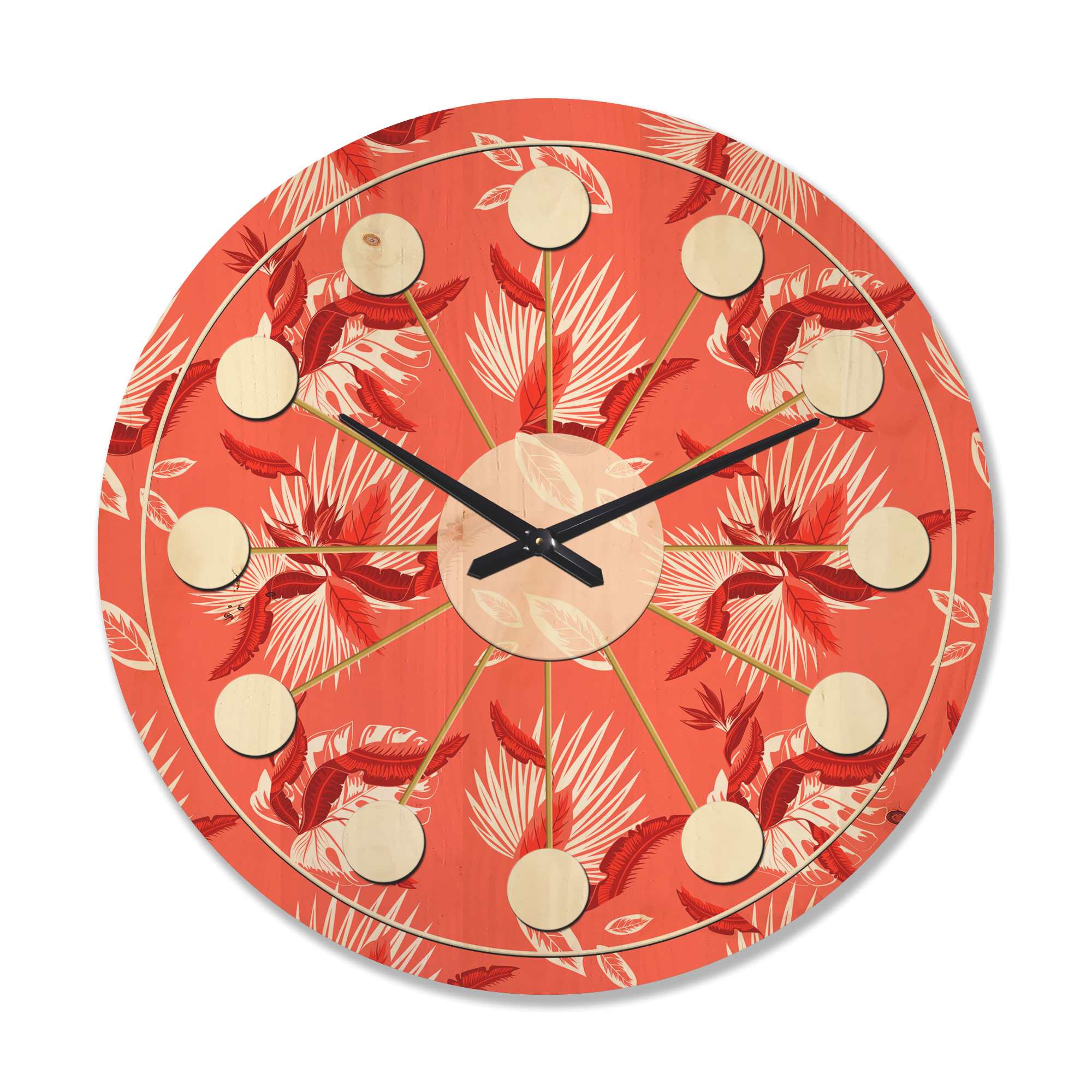 Designart 'Red Flowers Of Bird Of Paradise ' Mid-Century Modern Wood Wall Clock