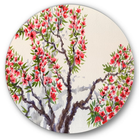 Designart 'Red Flowers On The Spring Blossoming Tree II' Traditional Circle Metal Wall Art 36x36 - Disc of 36