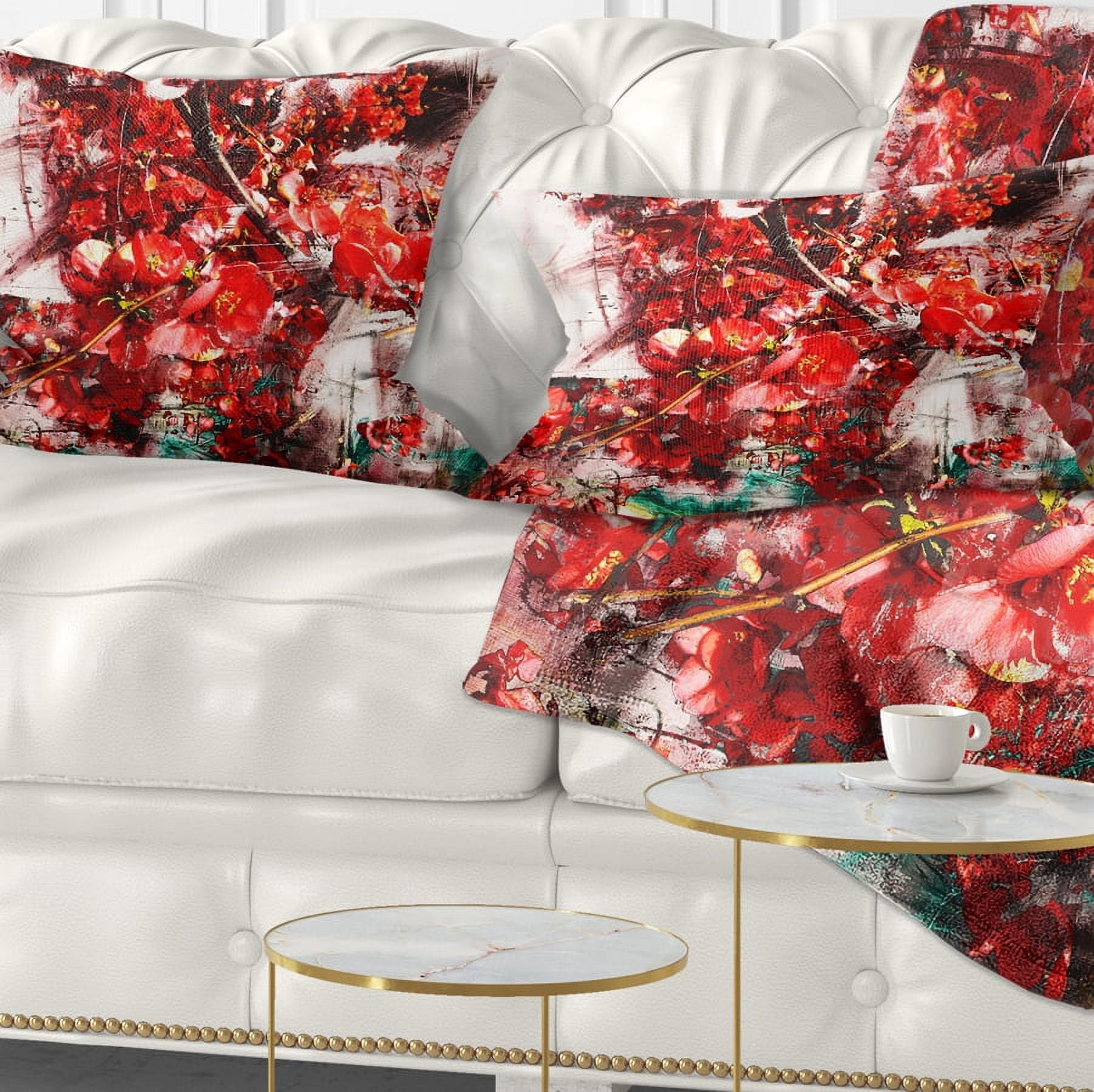 Designart Red Flowers Texture Watercolor - Abstract Throw Pillow - 12x20