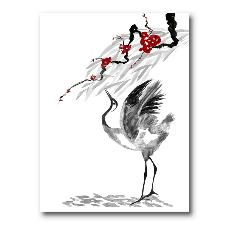 Designart ' Red Flowers With Japanese Cranes Bird Drawing