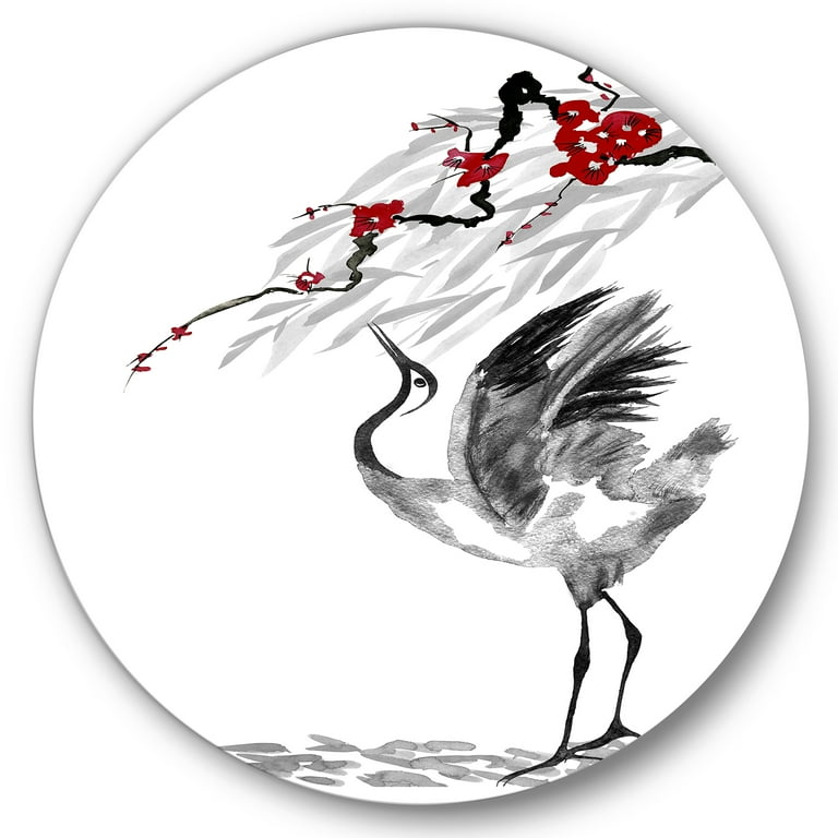 Designart 'Red Flowers With Japanese Cranes Bird Drawing