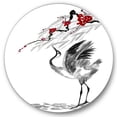 thumbnail image 1 of Designart 'Red Flowers With Japanese Cranes Bird Drawing' Traditional Circle Metal Wall Art 36x36 - Disc of 36, 1 of 5
