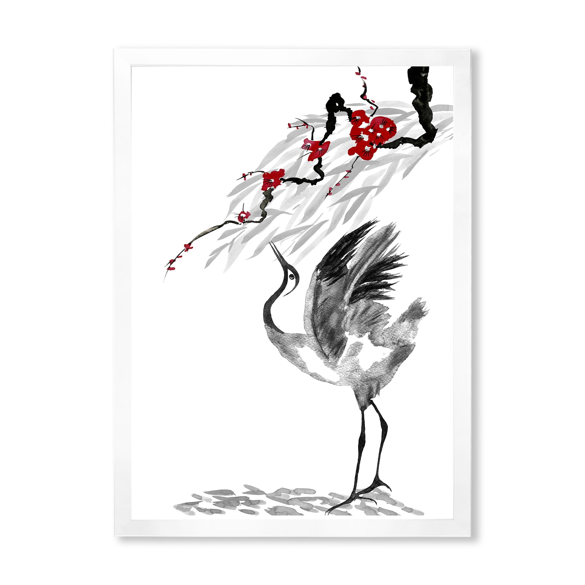 Designart 'Red Flowers With Japanese Cranes Bird Drawing' Traditional Framed Art Print