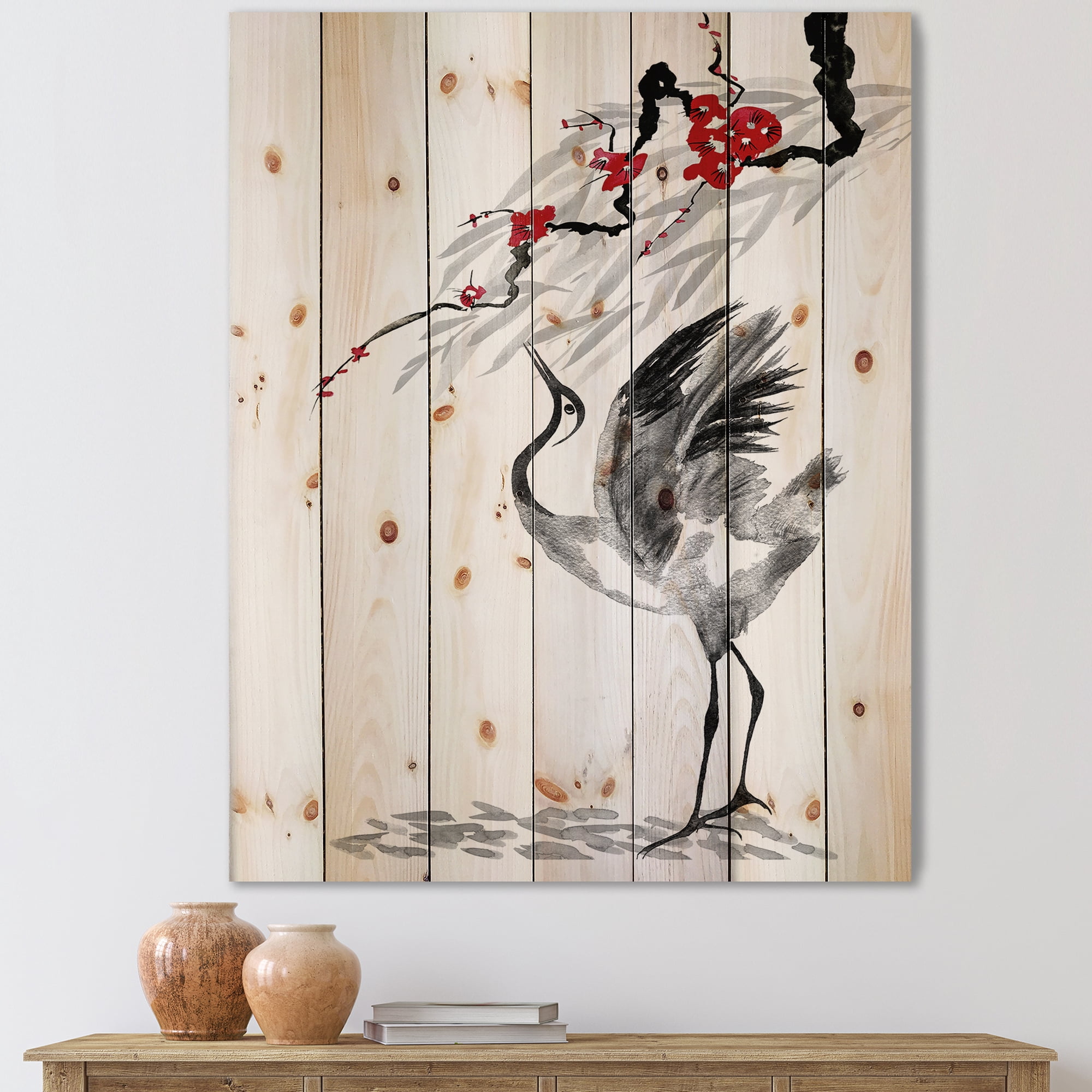 Designart 'Red Flowers With Japanese Cranes Bird Drawing' Traditional Print on Natural Pine Wood