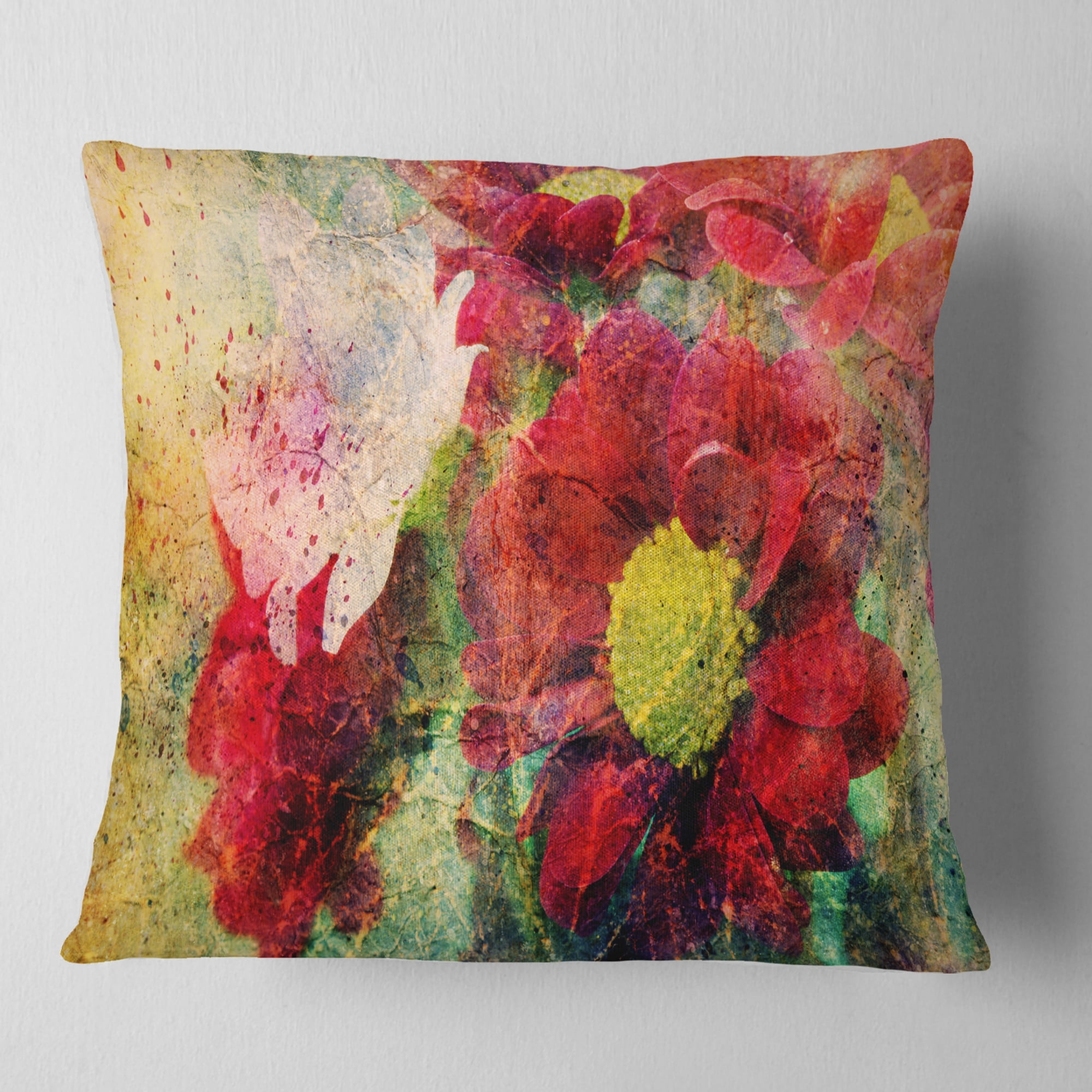 Designart Red Flowers and Watercolor Splashes - Flower Throw Pillow - 18x18