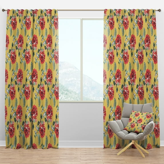 Designart 'Red Flowers in Yellow background' Floral Blackout Curtain Panel