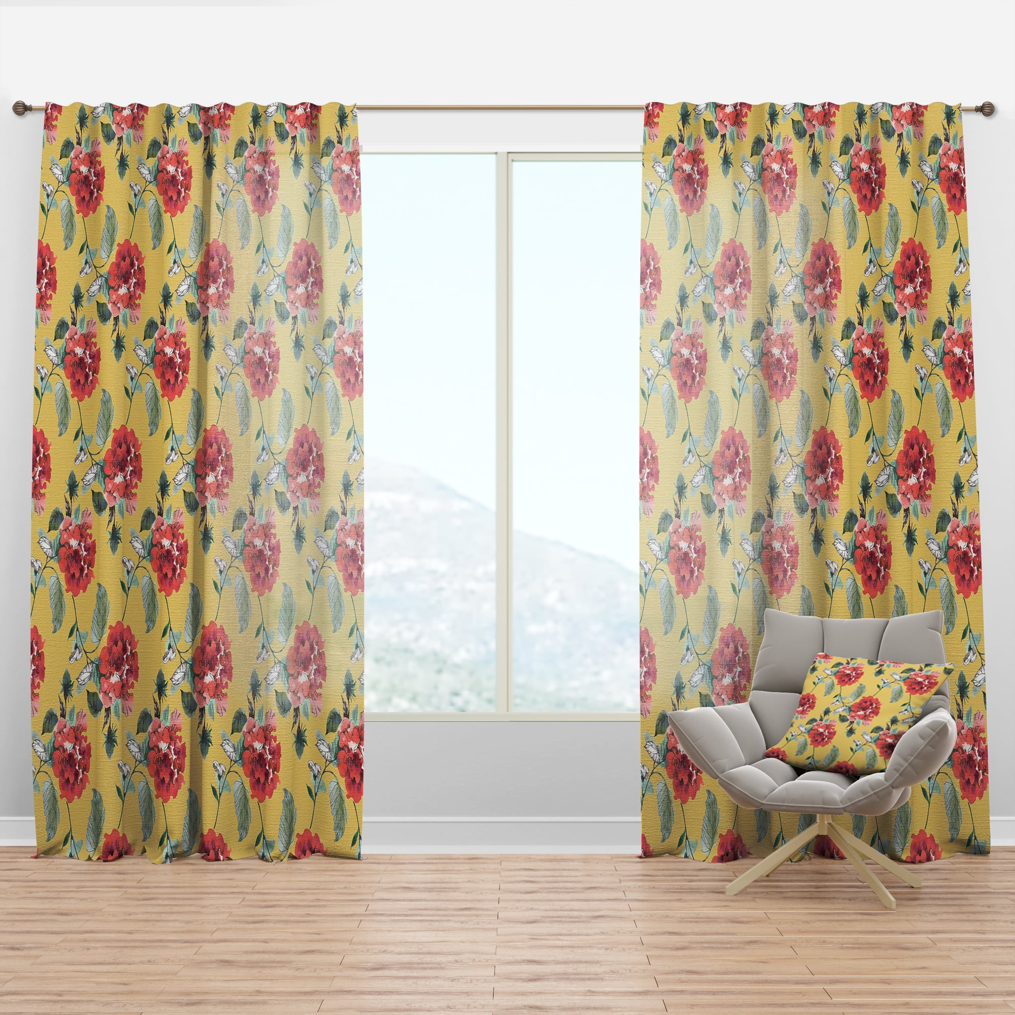 Designart 'Red Flowers in Yellow background' Floral Curtain Panel