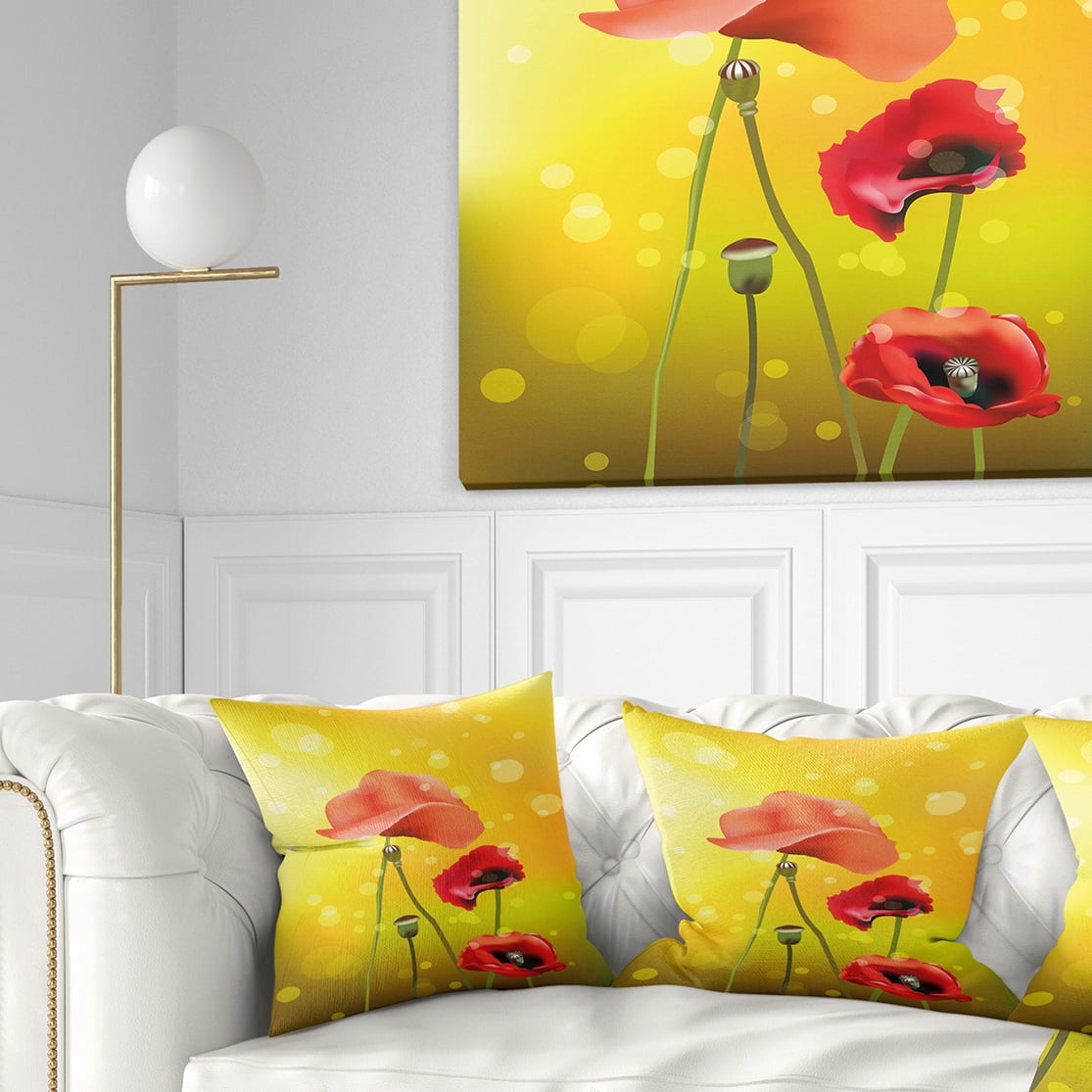 Designart Red Flowers on Yellow Background - Floral Throw Pillow - 16x16
