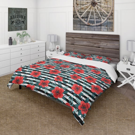 Designart 'Red Flowers with Leaves, Branches and Berries' Floral Duvet Cover Set