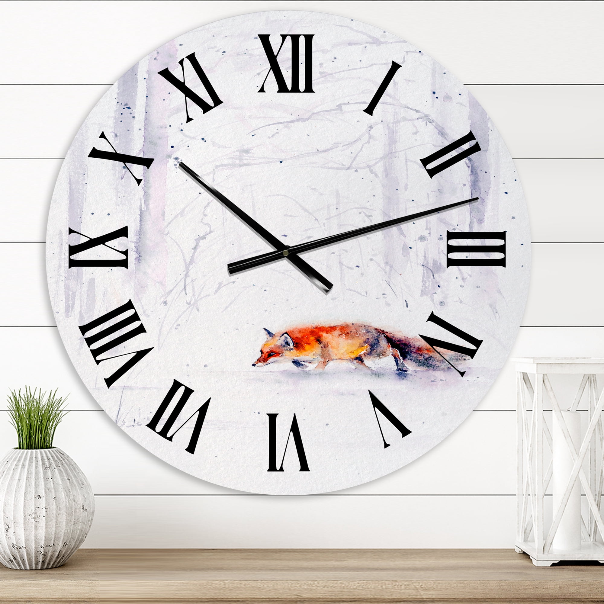 Designart 'Red Fox Running In White Snow Ii' Farmhouse Wall Clock