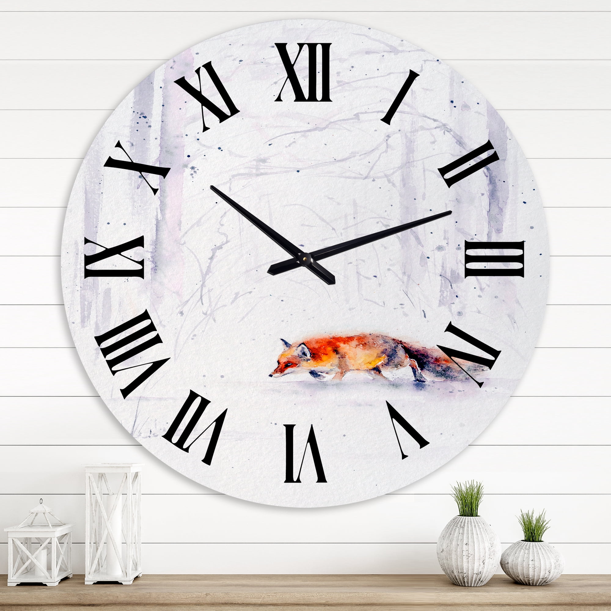 Designart 'Red Fox Running In White Snow Ii' Farmhouse Wall Clock