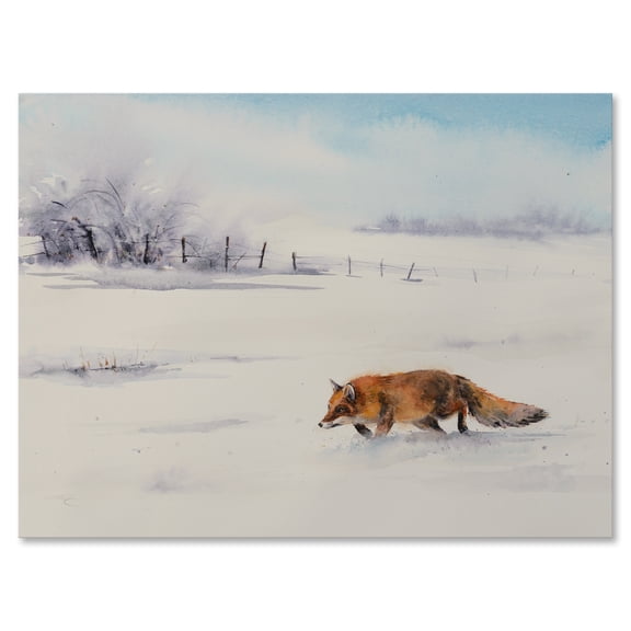 Designart ' Red Fox Running In White Snow in Countryside I ' Farmhouse Canvas Wall Art Print