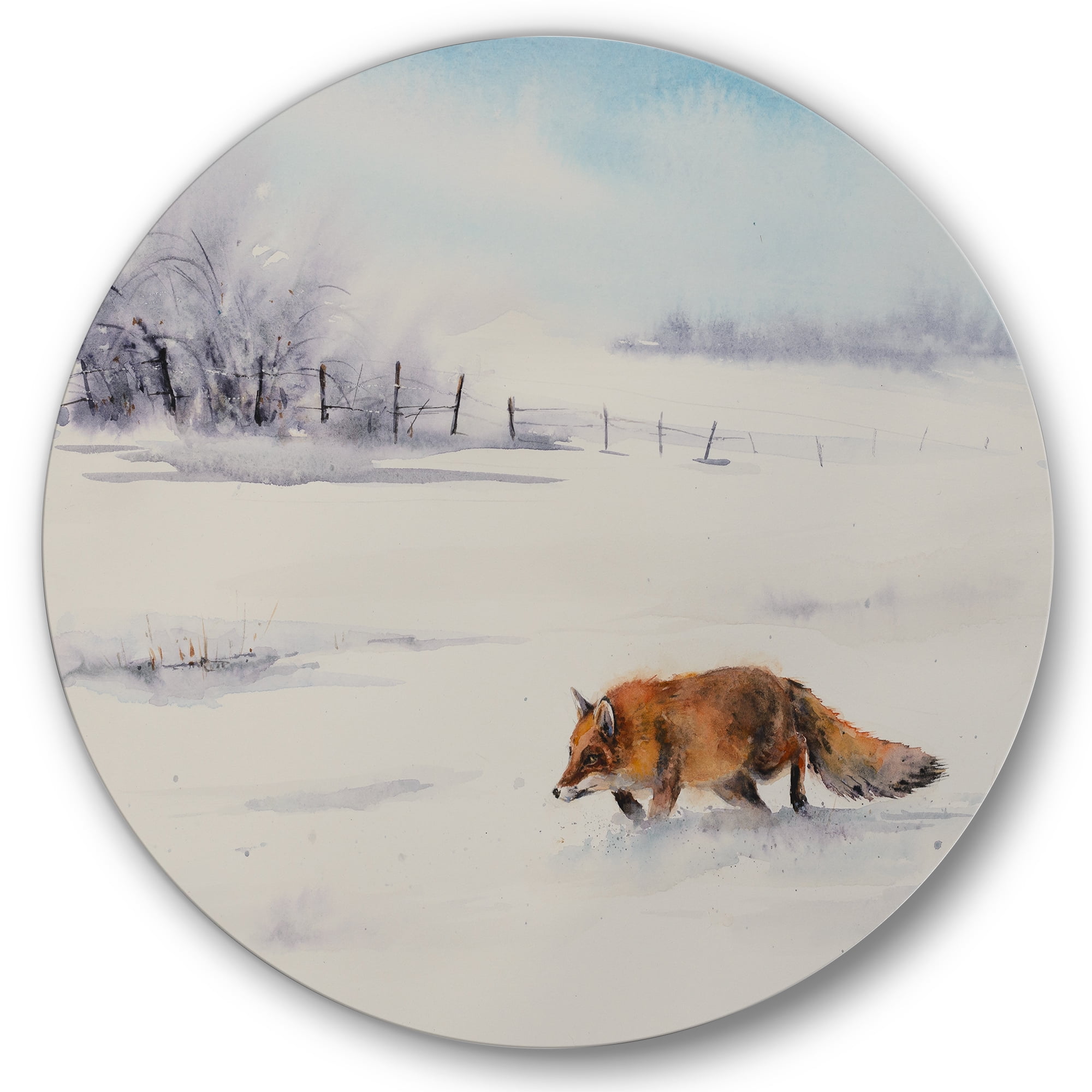 Designart 'Red Fox Running In White Snow in Countryside I' Farmhouse Circle Metal Wall Art 23x23 - Disc of 23