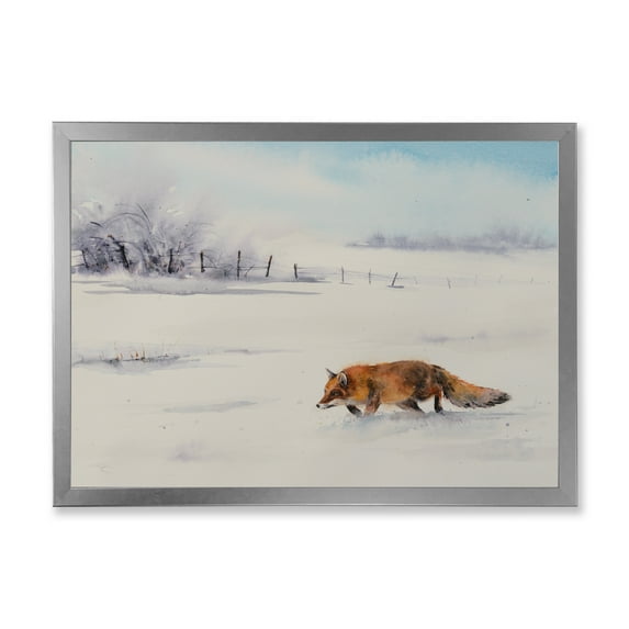 Designart 'Red Fox Running In White Snow in Countryside I' Farmhouse Framed Art Print