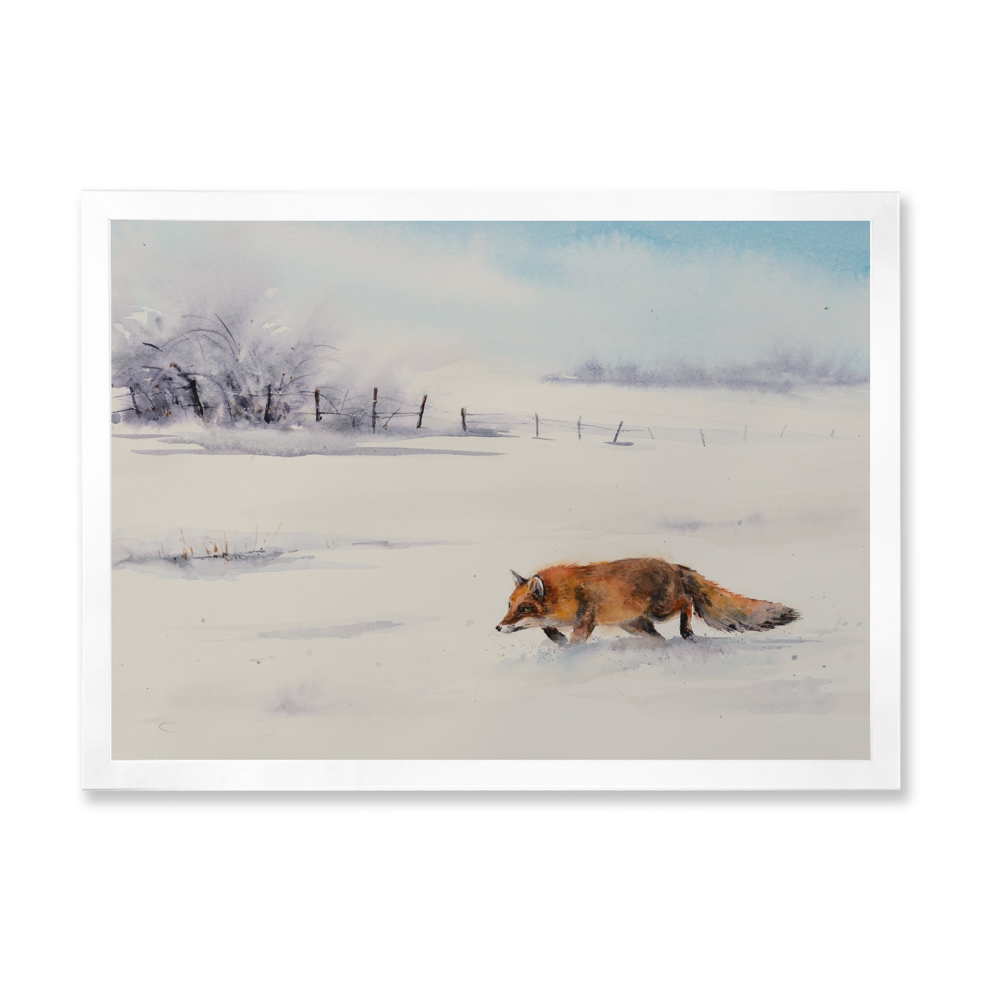 Designart 'Red Fox Running In White Snow in Countryside I' Farmhouse Framed Art Print