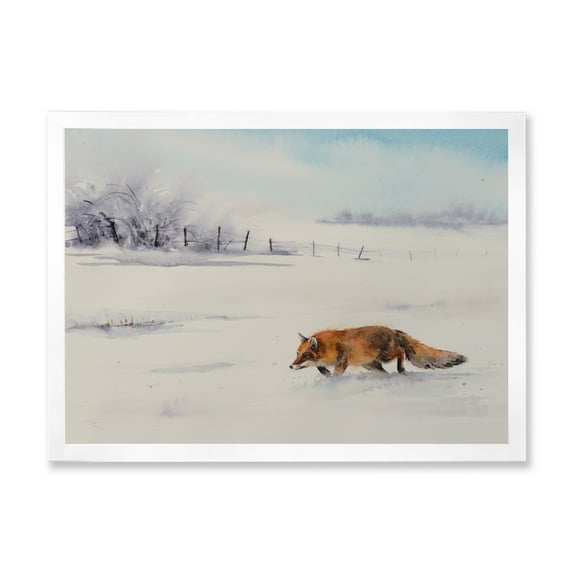 Designart 'Red Fox Running In White Snow in Countryside I' Farmhouse Framed Art Print