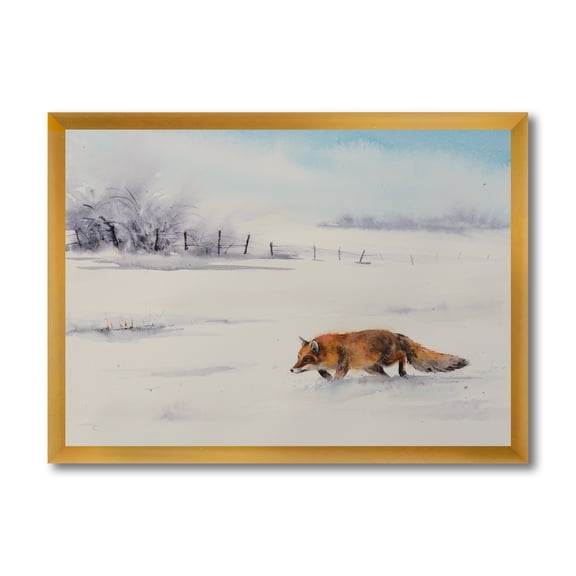 Designart 'Red Fox Running In White Snow in Countryside I' Farmhouse Framed Art Print