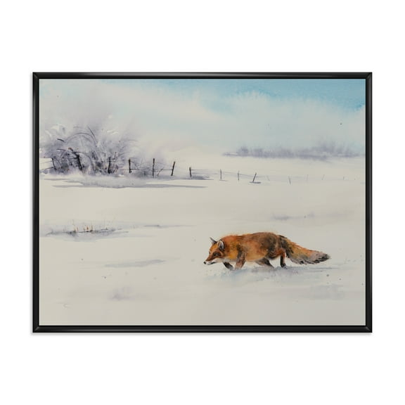 Designart 'Red Fox Running In White Snow in Countryside I' Farmhouse Framed Canvas Wall Art Print