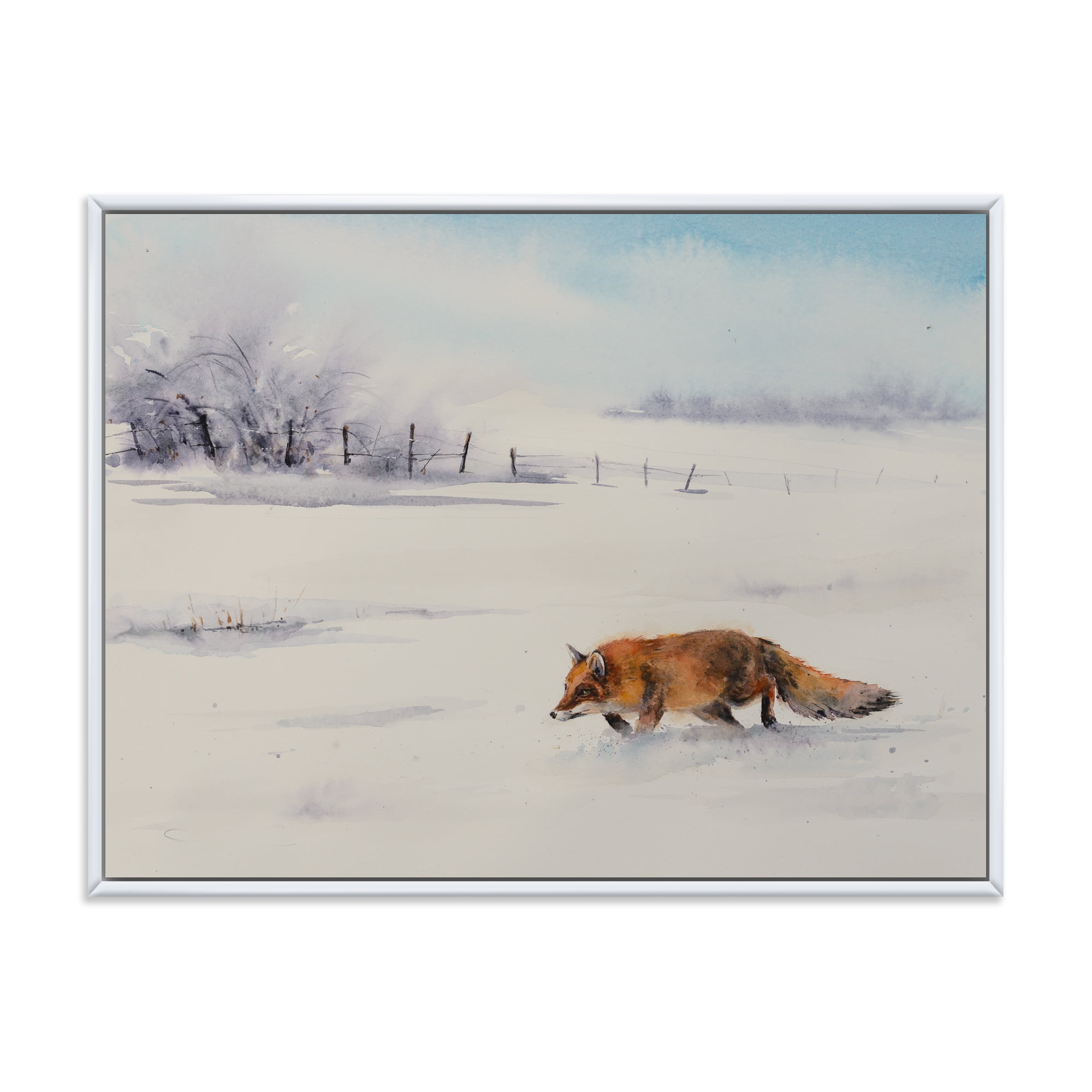 Designart 'Red Fox Running In White Snow in Countryside I' Farmhouse Framed Canvas Wall Art Print