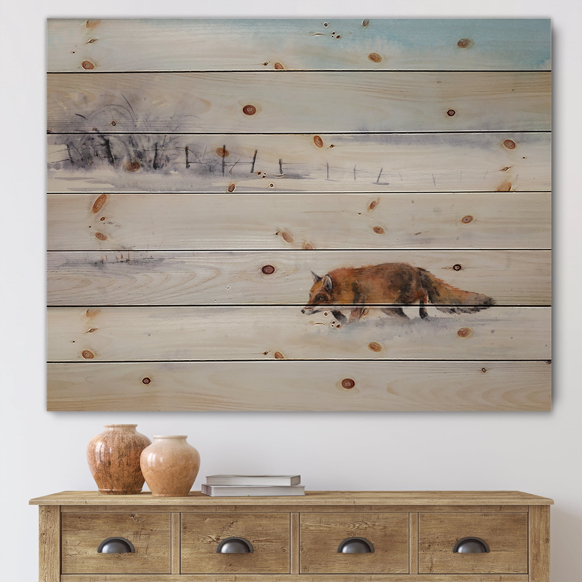 Designart 'Red Fox Running In White Snow in Countryside I' Farmhouse Print on Natural Pine Wood