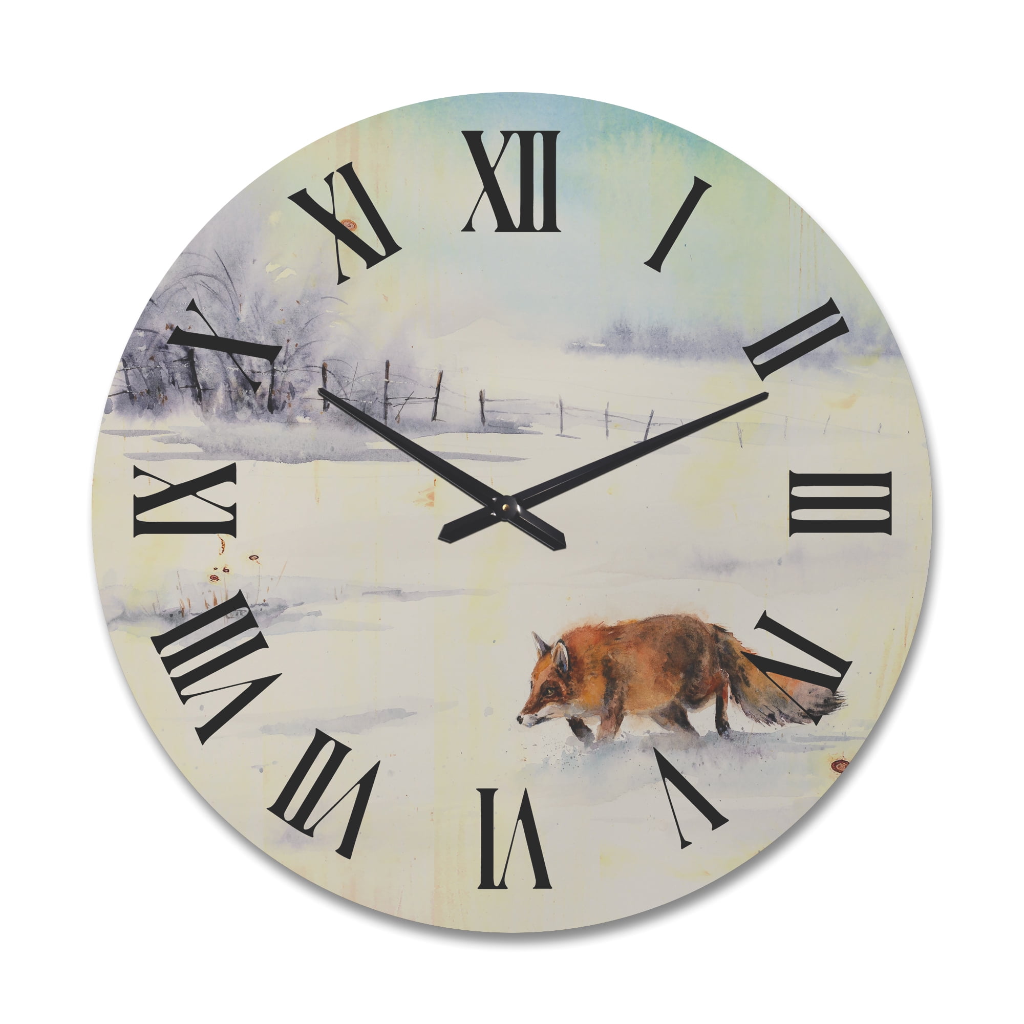 Designart 'Red Fox Running In White Snow in Countryside I' Farmhouse Wood Wall Clock