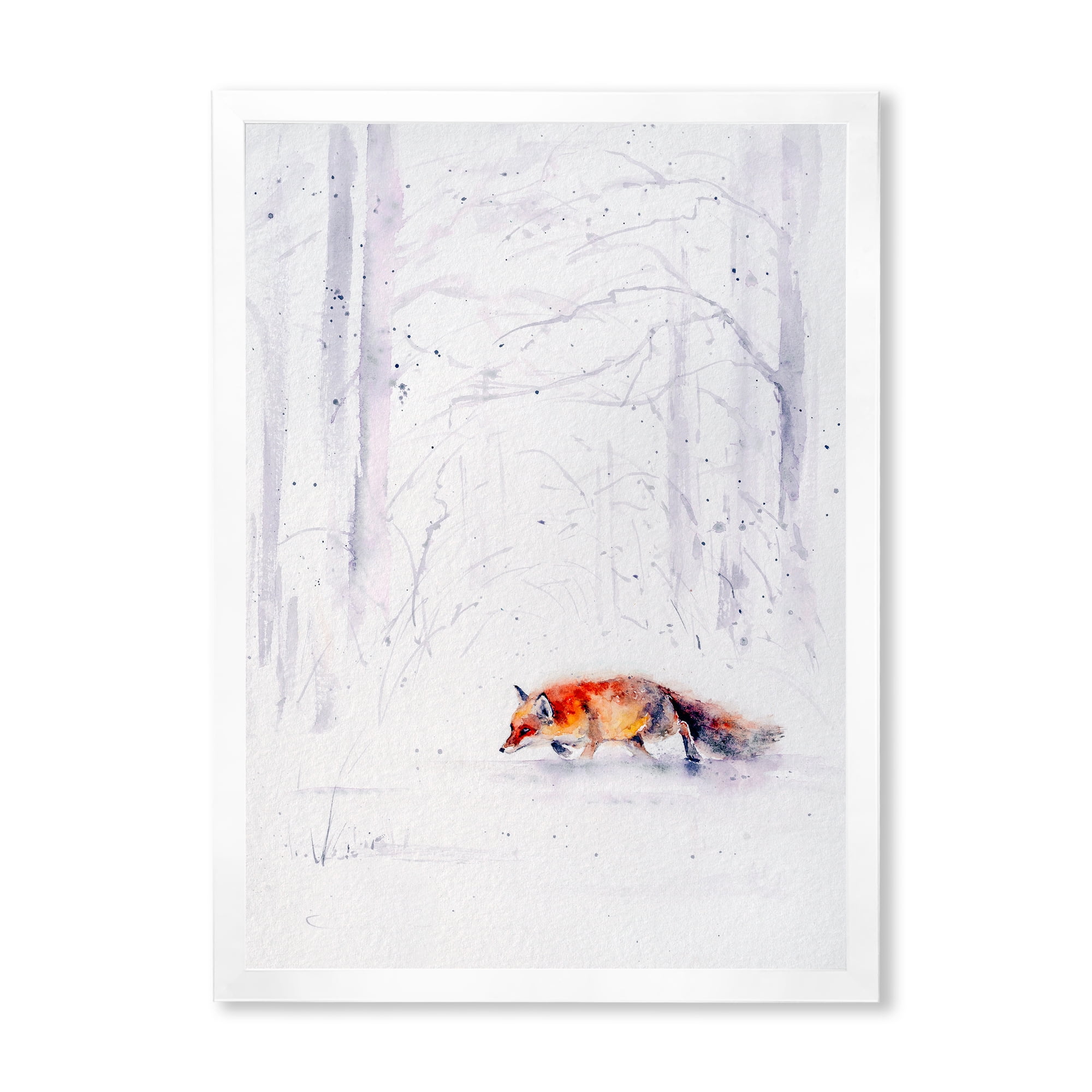 Designart 'Red Fox Running In White Snow in Countryside II' Farmhouse Framed Art Print