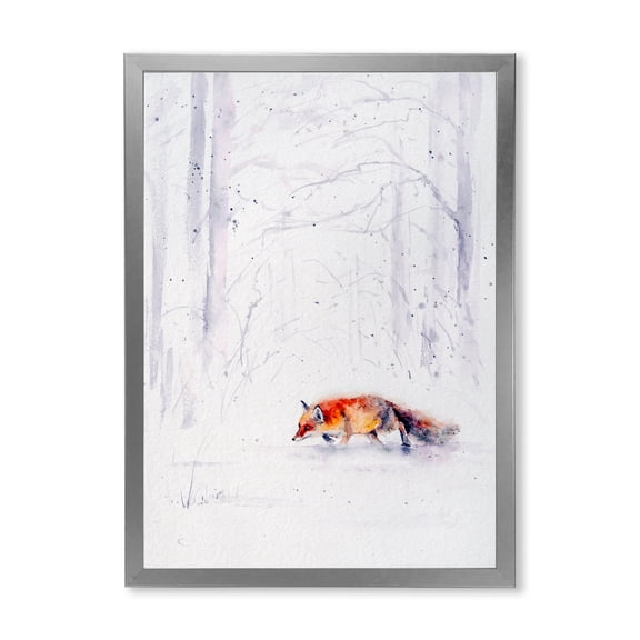 Designart 'Red Fox Running In White Snow in Countryside II' Farmhouse Framed Art Print