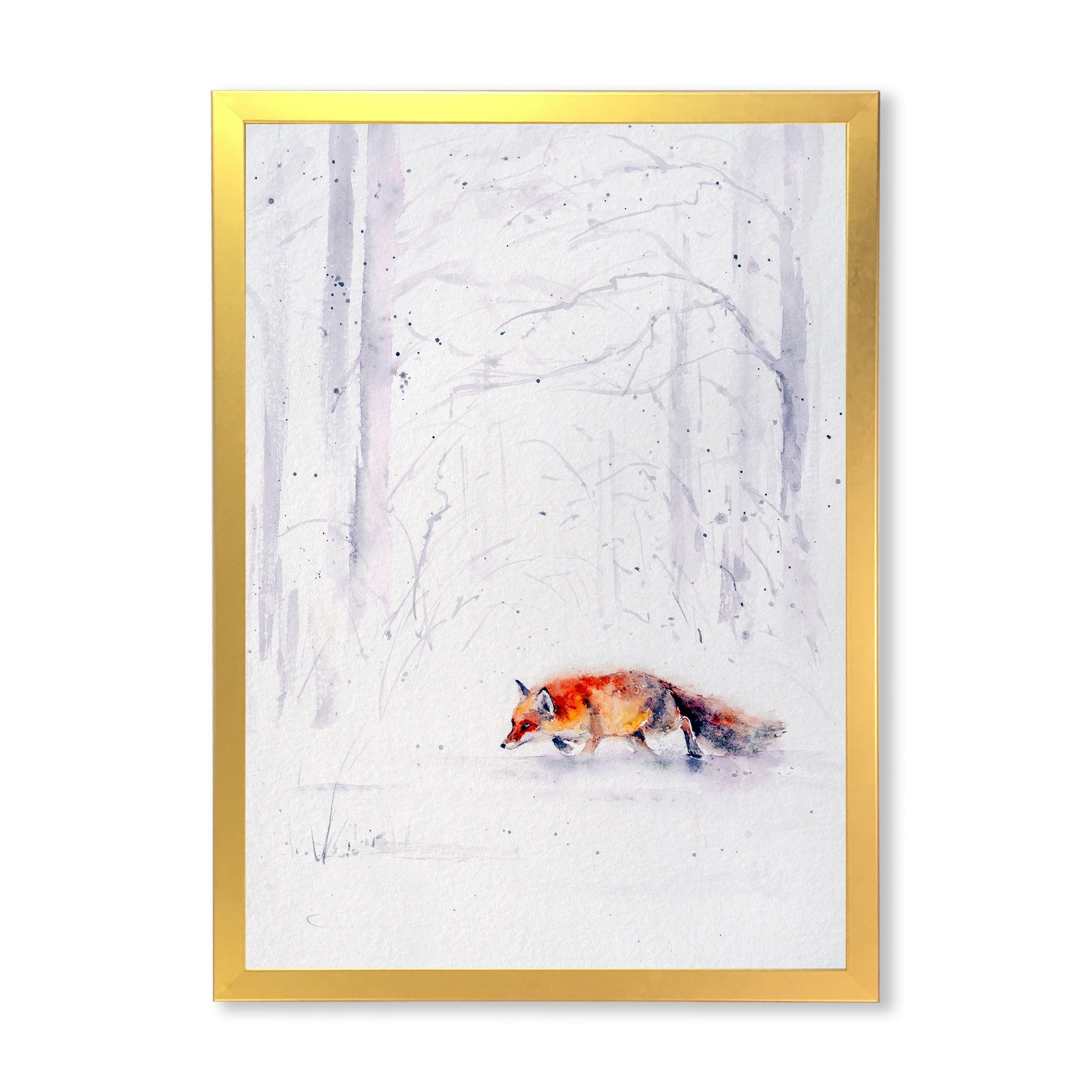 Designart 'Red Fox Running In White Snow in Countryside II' Farmhouse Framed Art Print