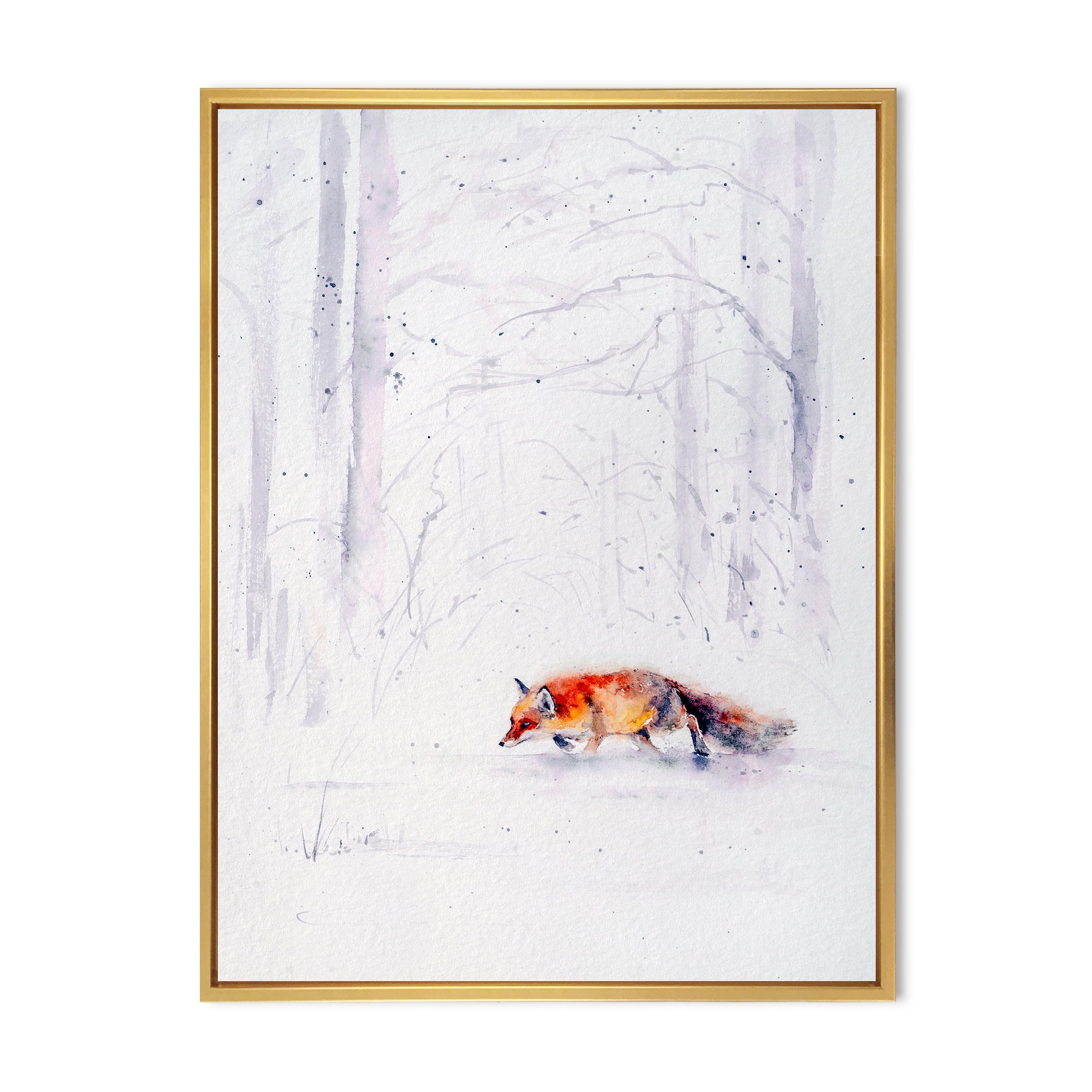 Designart 'Red Fox Running In White Snow in Countryside II' Farmhouse Framed Canvas Wall Art Print