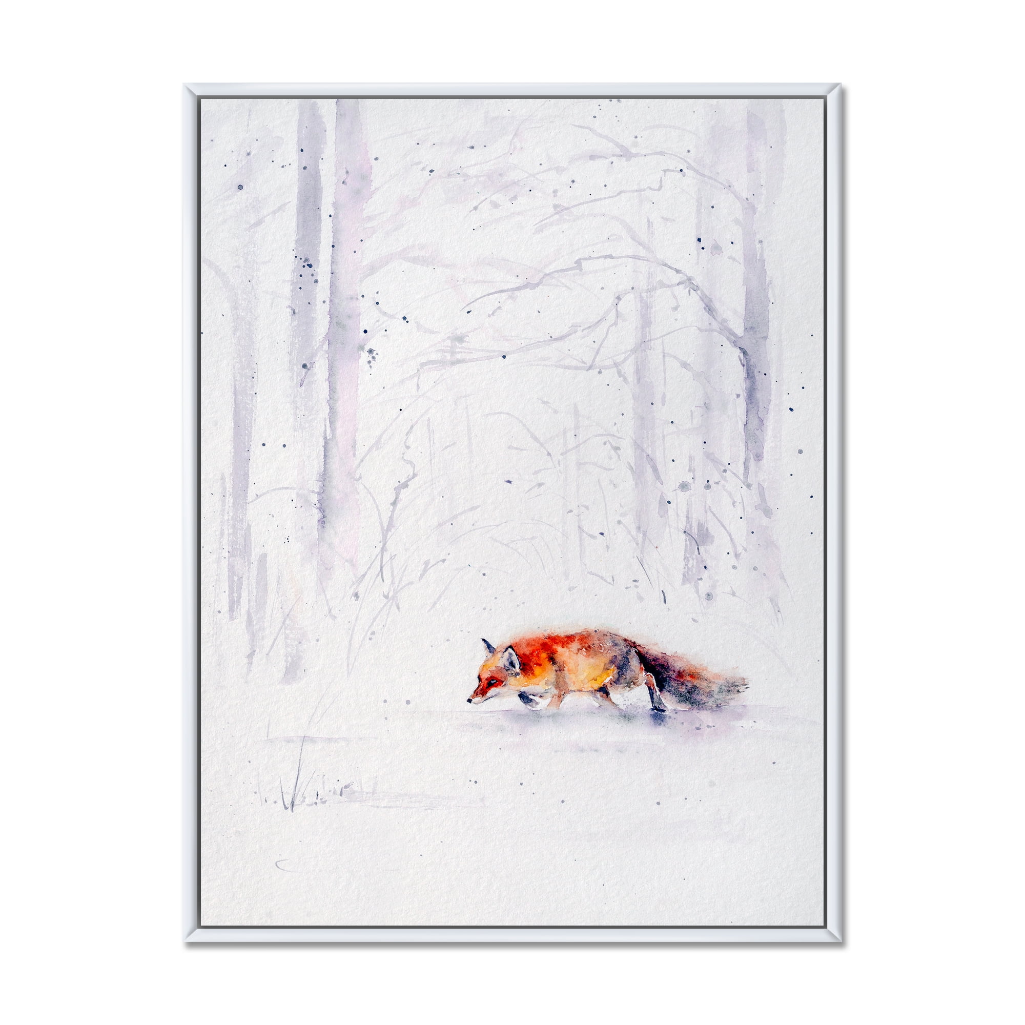 Designart 'Red Fox Running In White Snow in Countryside II' Farmhouse Framed Canvas Wall Art Print