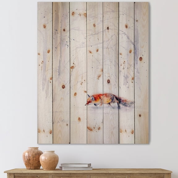 Designart 'Red Fox Running In White Snow in Countryside II' Farmhouse Print on Natural Pine Wood