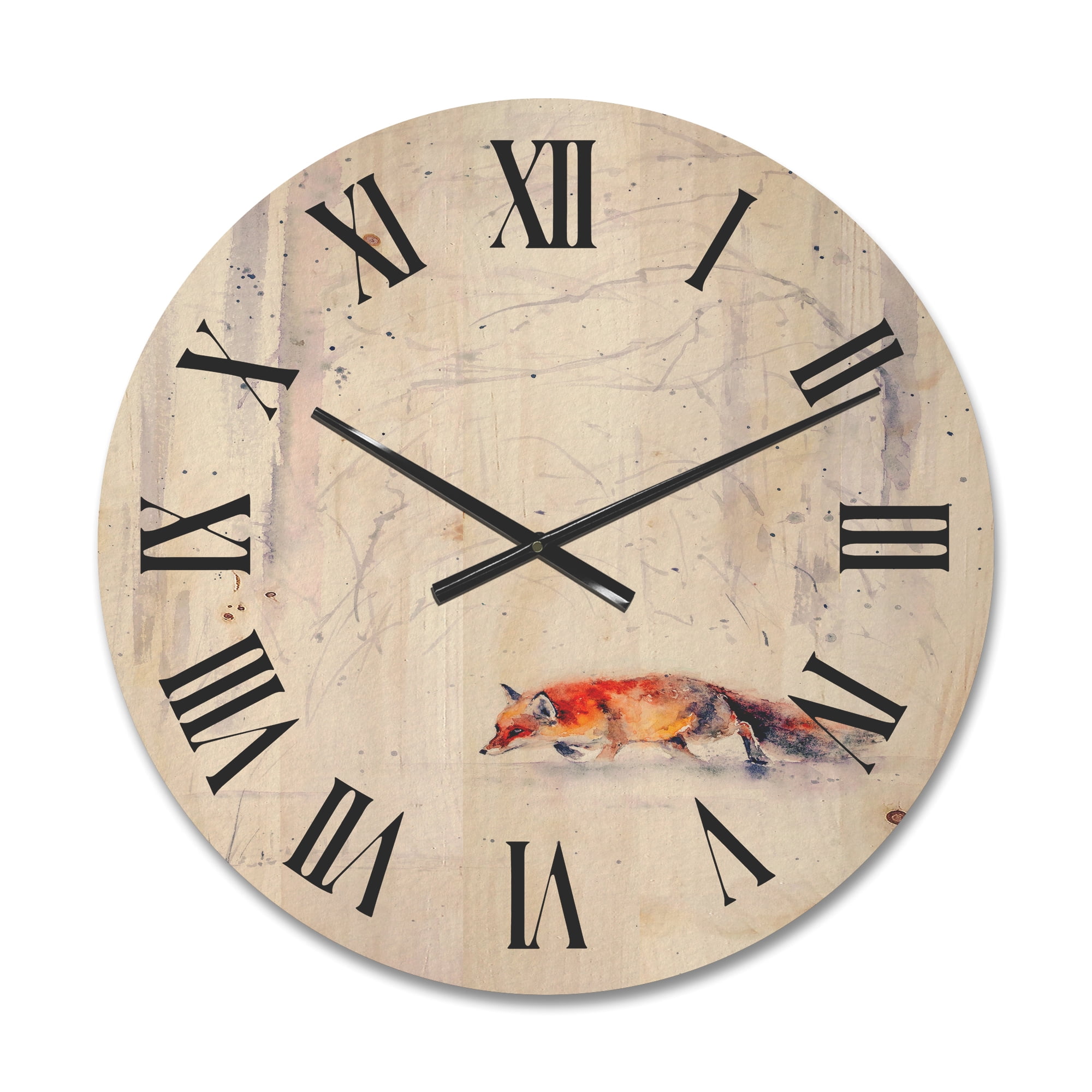 Designart 'Red Fox Running In White Snow in Countryside II' Farmhouse Wood Wall Clock