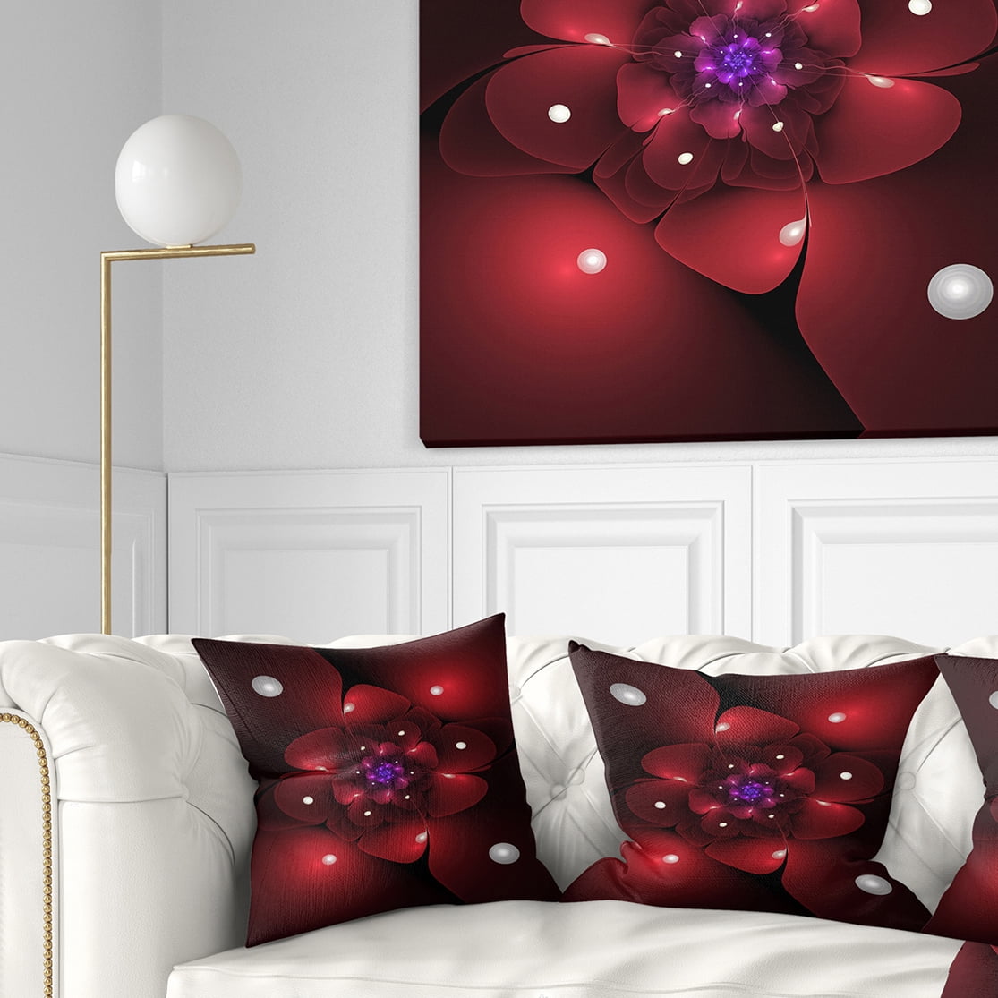 Designart Red Fractal Flower with Illumination - Floral Throw Pillow - 16x16