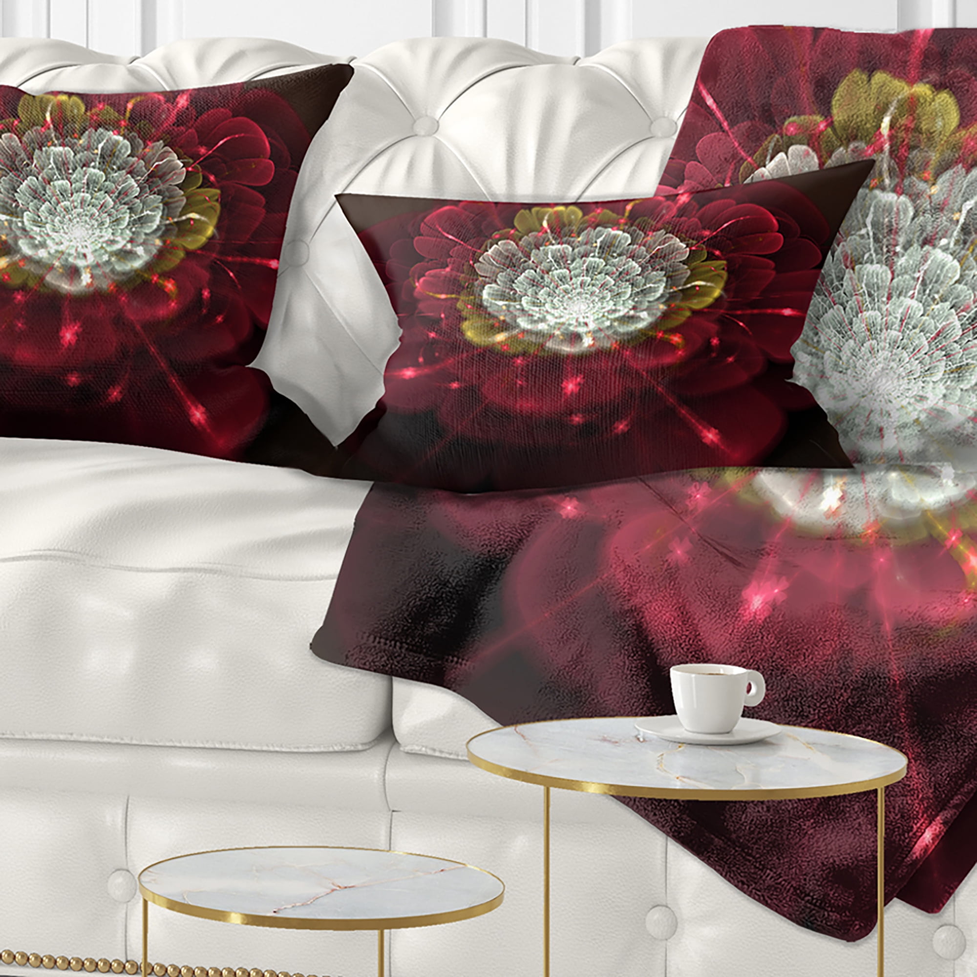 Designart Red Fractal Flower with White - Floral Throw Pillow - 12x20