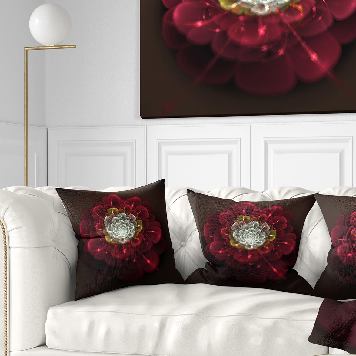 Designart Red Fractal Flower with White - Floral Throw Pillow - 18x18