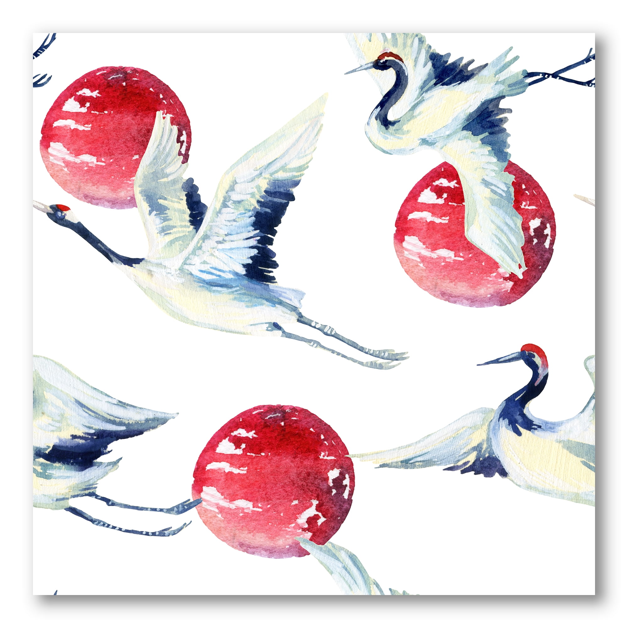 Designart ' Red Full Moon With Asian Crane Bird ' Traditional Canvas Wall Art Print