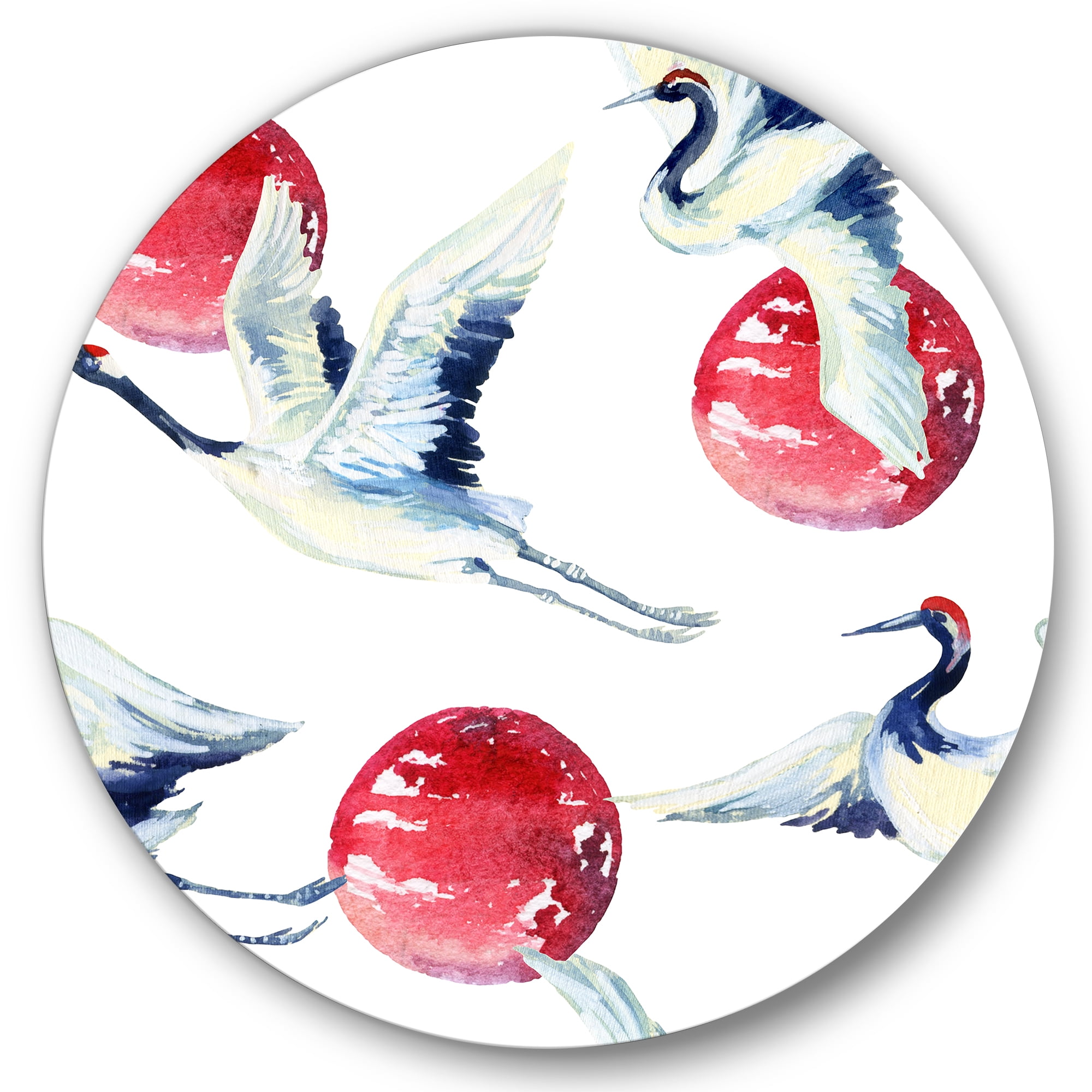 Designart 'Red Full Moon With Asian Crane Bird' Traditional Circle Metal Wall Art 23x23 - Disc of 23