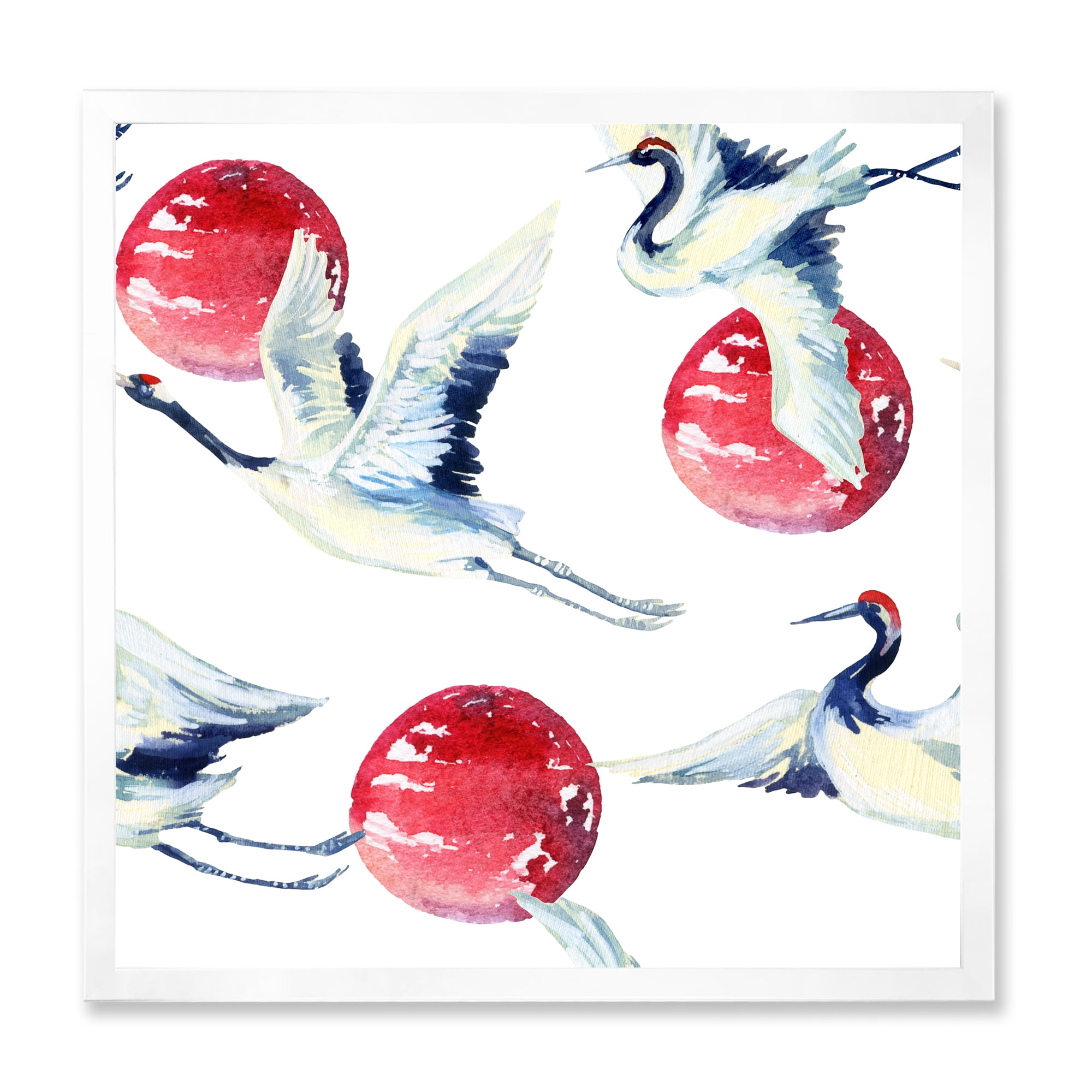 Designart 'Red Full Moon With Asian Crane Bird' Traditional Framed Art Print
