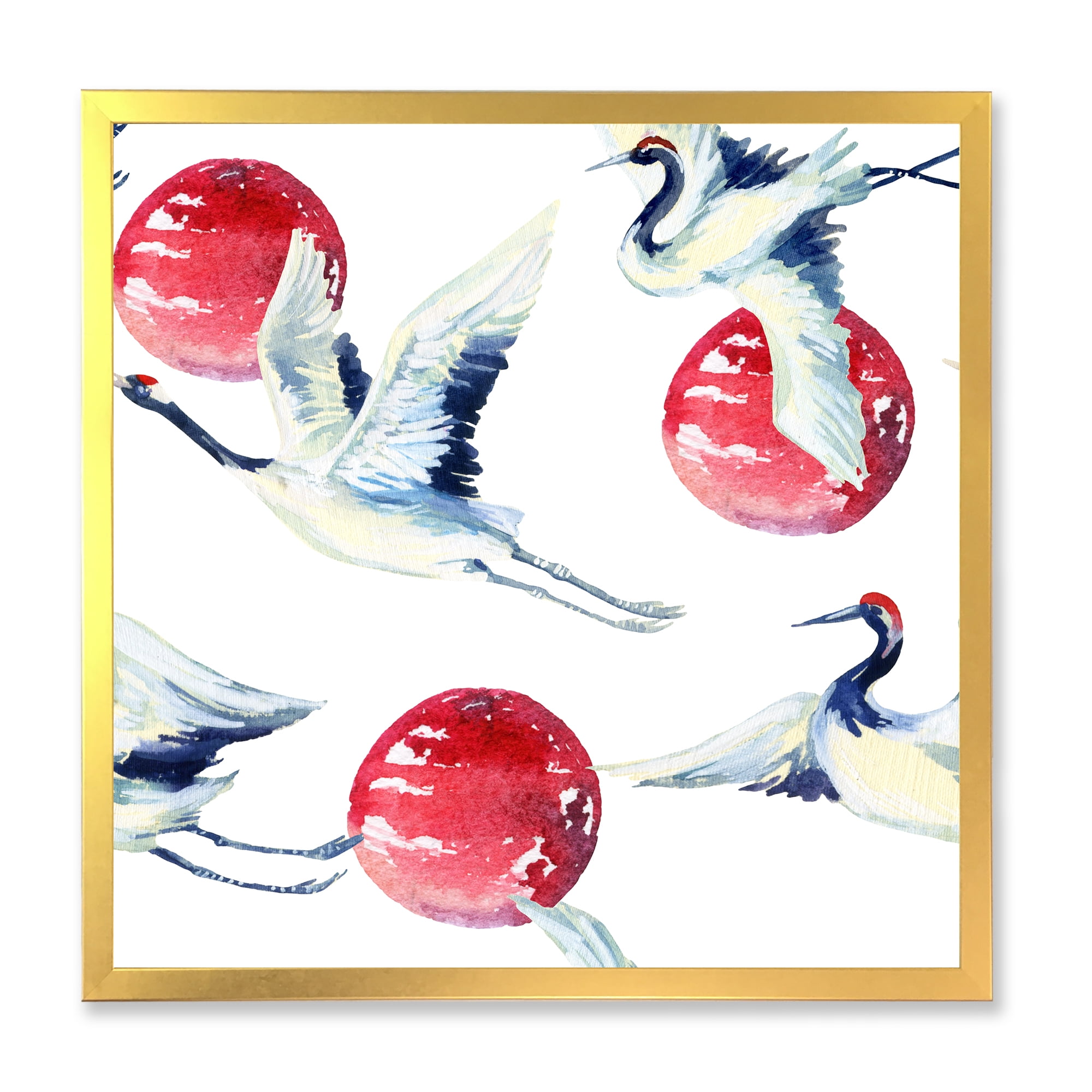 Designart 'Red Full Moon With Asian Crane Bird' Traditional Framed Art Print