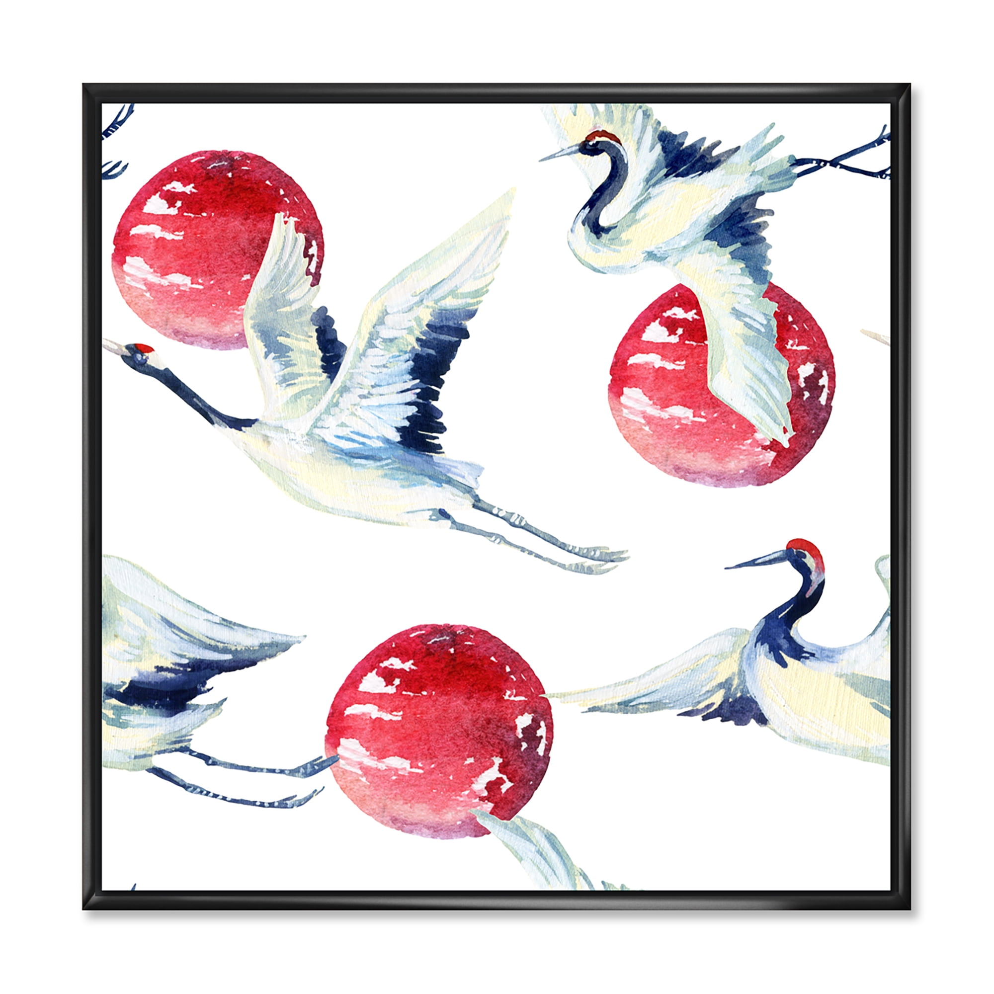 Designart 'Red Full Moon With Asian Crane Bird' Traditional Framed Canvas Wall Art Print