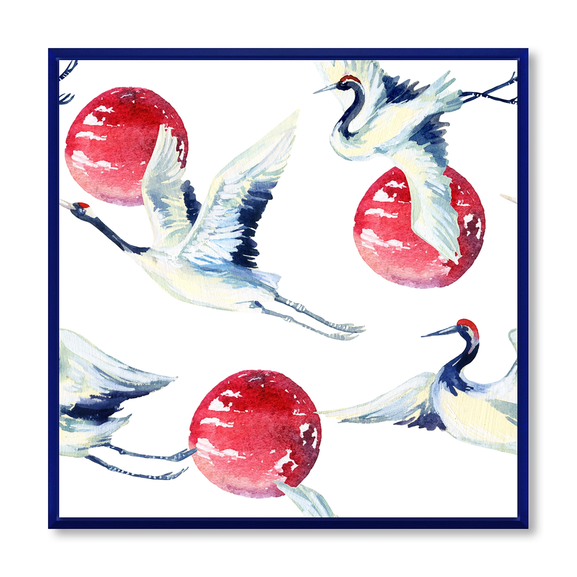 Designart 'Red Full Moon With Asian Crane Bird' Traditional Framed Canvas Wall Art Print