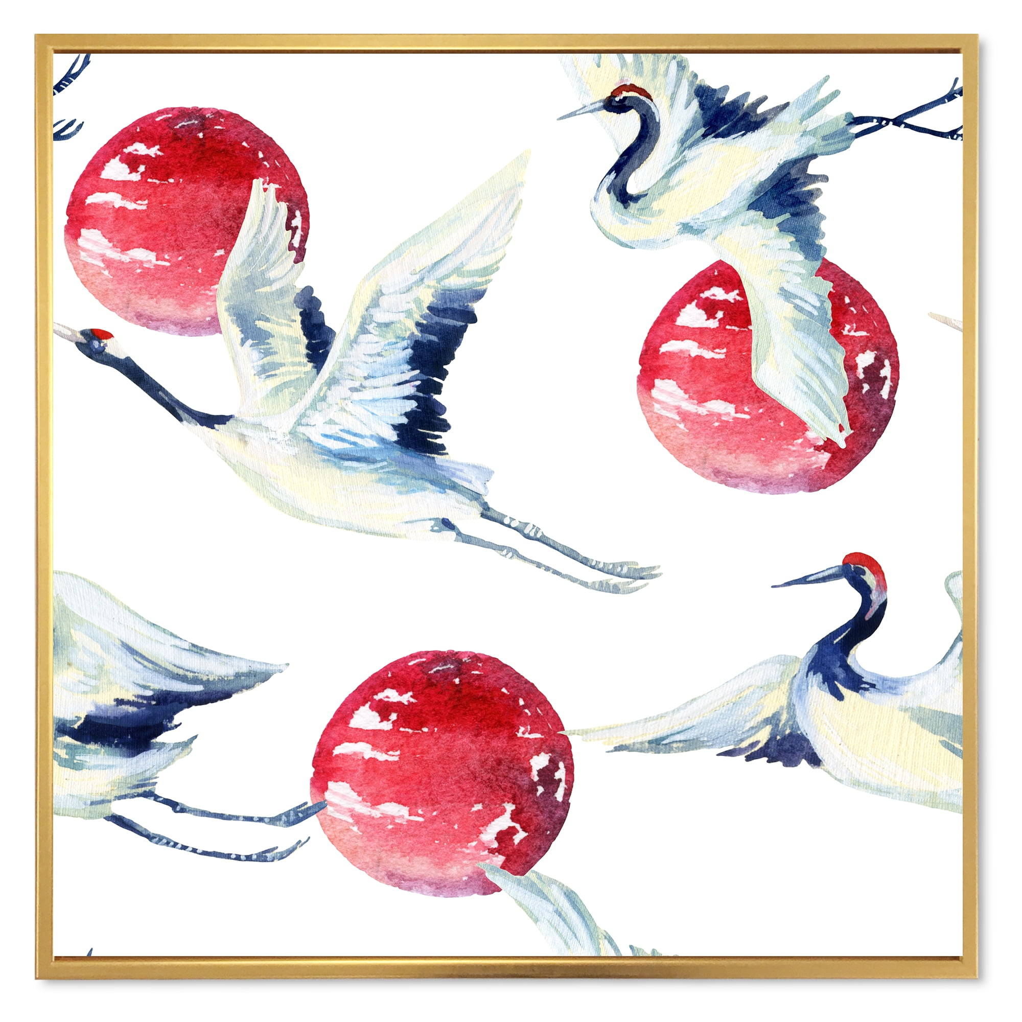 Designart 'Red Full Moon With Asian Crane Bird' Traditional Framed Canvas Wall Art Print