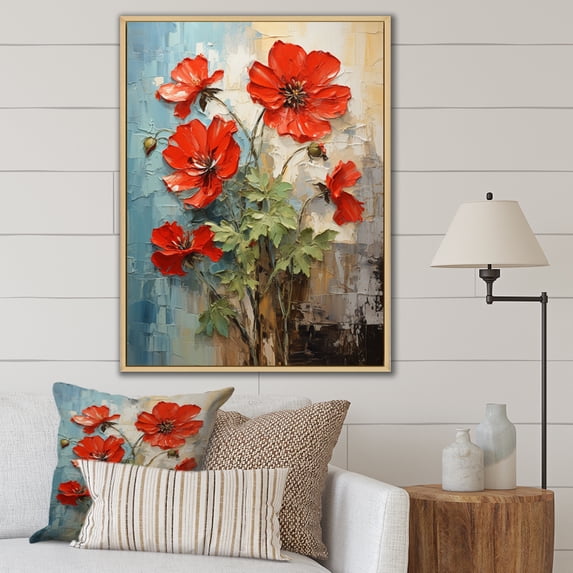Designart "Red Geraniums Scarlet Bloom Collage II" Floral & Botanical Floater Framed Wall Art Living Room