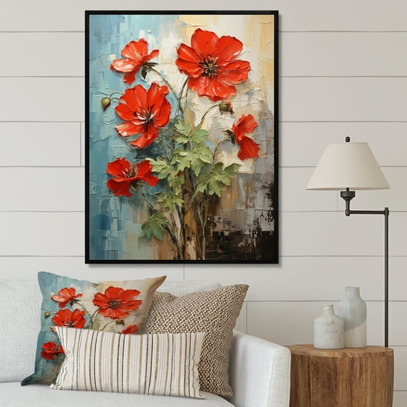 Designart "Red Geraniums Scarlet Bloom Collage II" Floral & Botanical Floater Framed Wall Art Living Room
